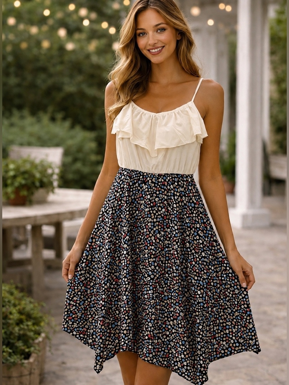 A. Byer White Ruffle Dress With Colorful Handkerchief Bottom